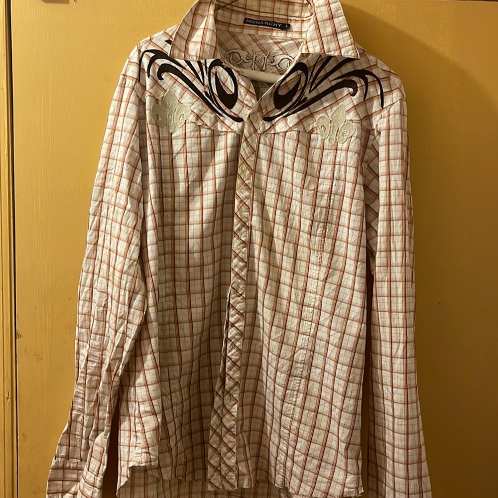 Monarchy orange/brown/ tan/ cream plaid button down shirt,large